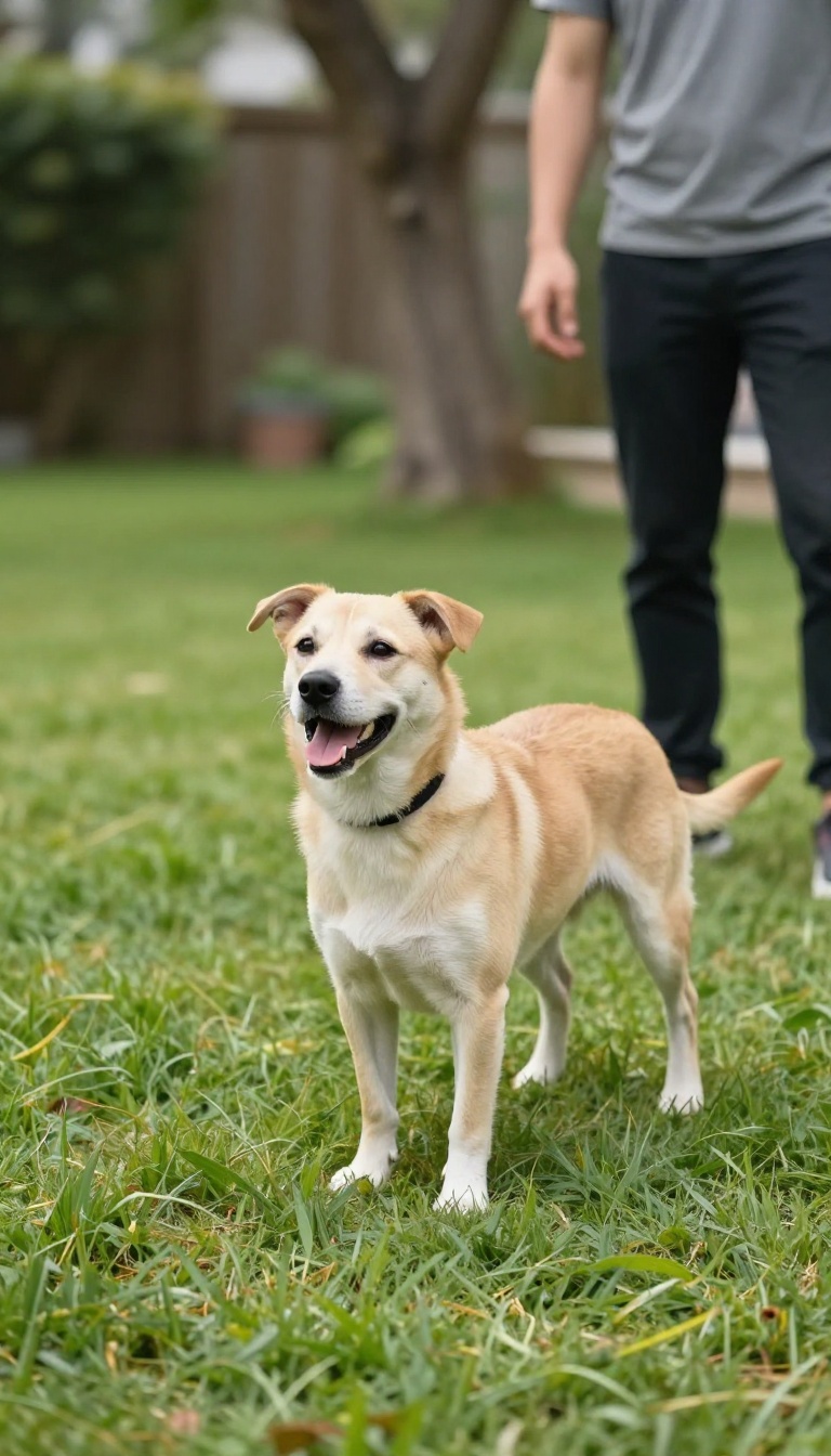 Dog looking back during a recall training game in a sunny backyard