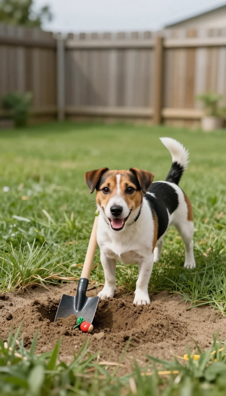 Jack Russell Terrier digging in a sandbox in a sunny backyard