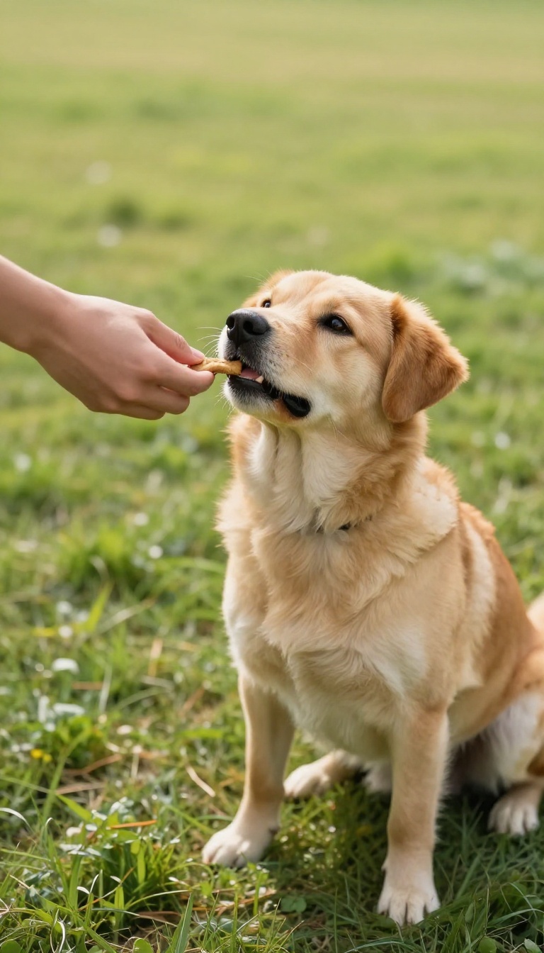 Person offering a treat to a happy dog on a sunny path, symbolizing a release cue in dog training.