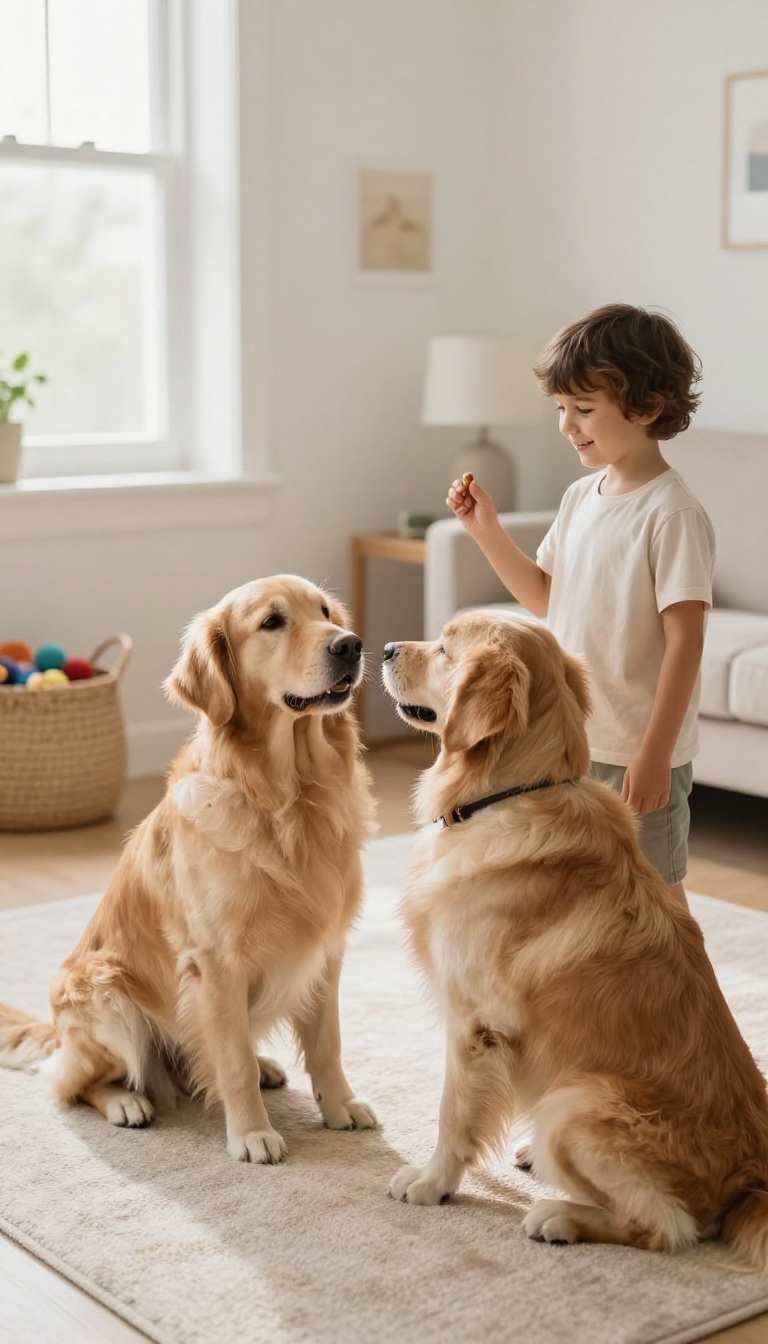 Child practicing sit and stay with a golden retriever in a bright living room, another child waiting nearby