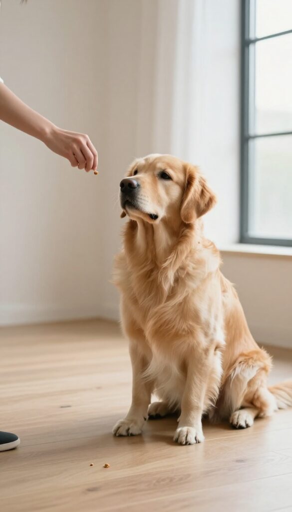 Golden retriever focusing on a treat tossed on the floor during a 'Find It' training drill in a bright living room.