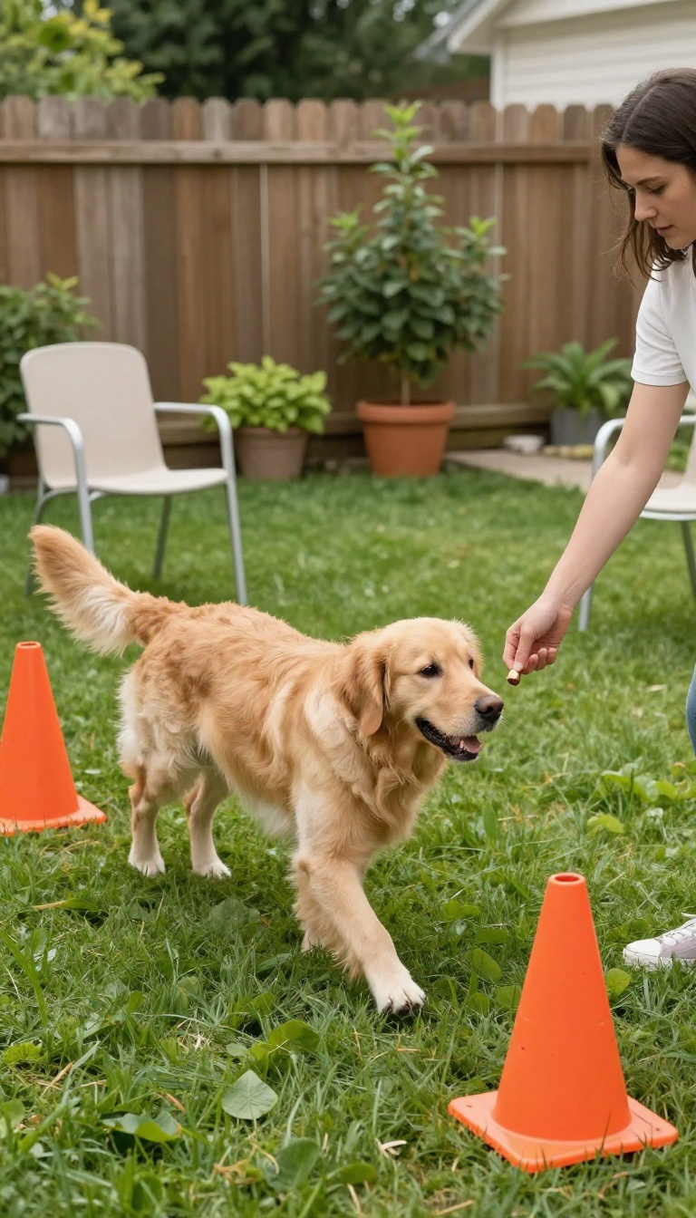 A dog and a person walking through a backyard obstacle course with cones and chairs, the dog focused on the person.