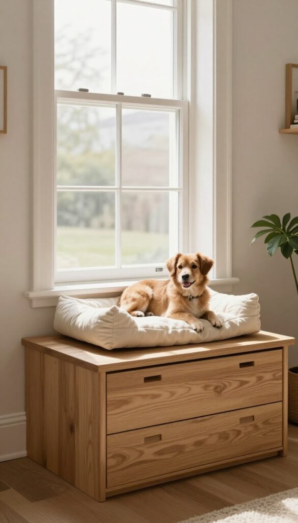A wooden window seat dog bed with a plush cushion, built into a bay window, with storage drawers underneath, in a bright, cozy room.