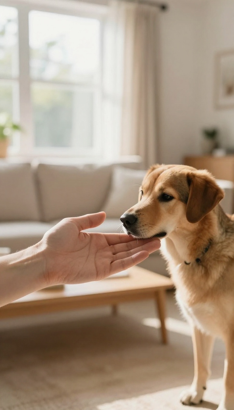 A person's hand held out, and a dog touching it with its nose in a bright living room.