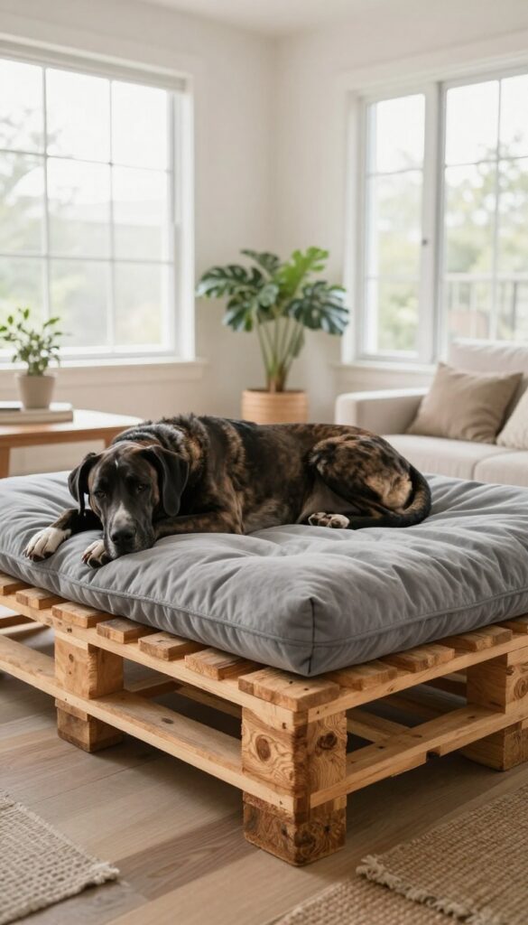 A large dog resting on a DIY pallet bed with a thick cushion in a bright living room.