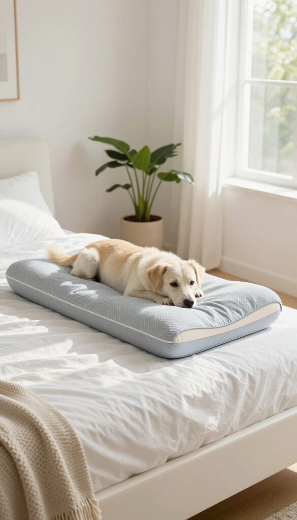 A dog resting on a cooling gel pillow in a bright, cozy living room