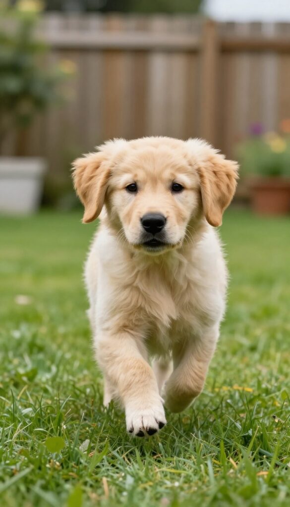 Golden retriever puppy running fast across a grassy yard during a recall training drill