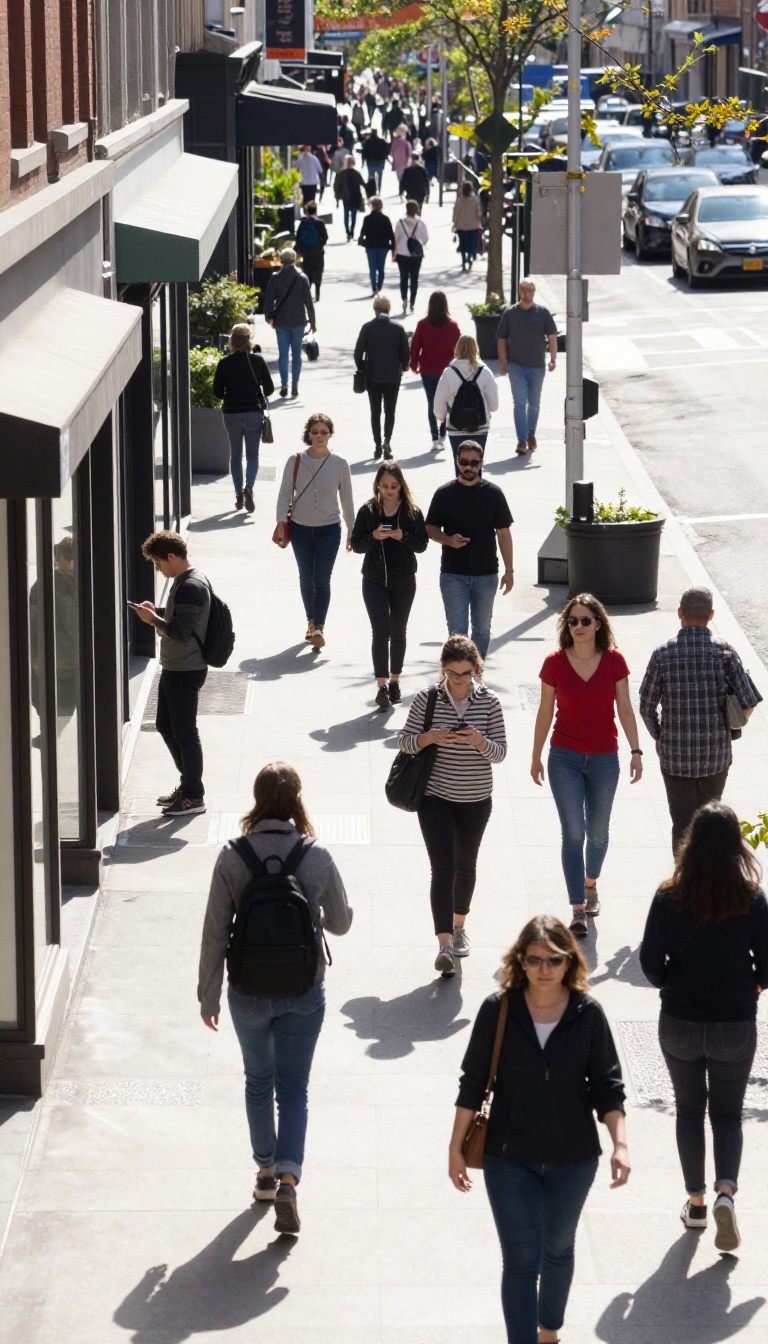 A person steps to the side of a busy sidewalk to check their phone, allowing others to pass by smoothly.
