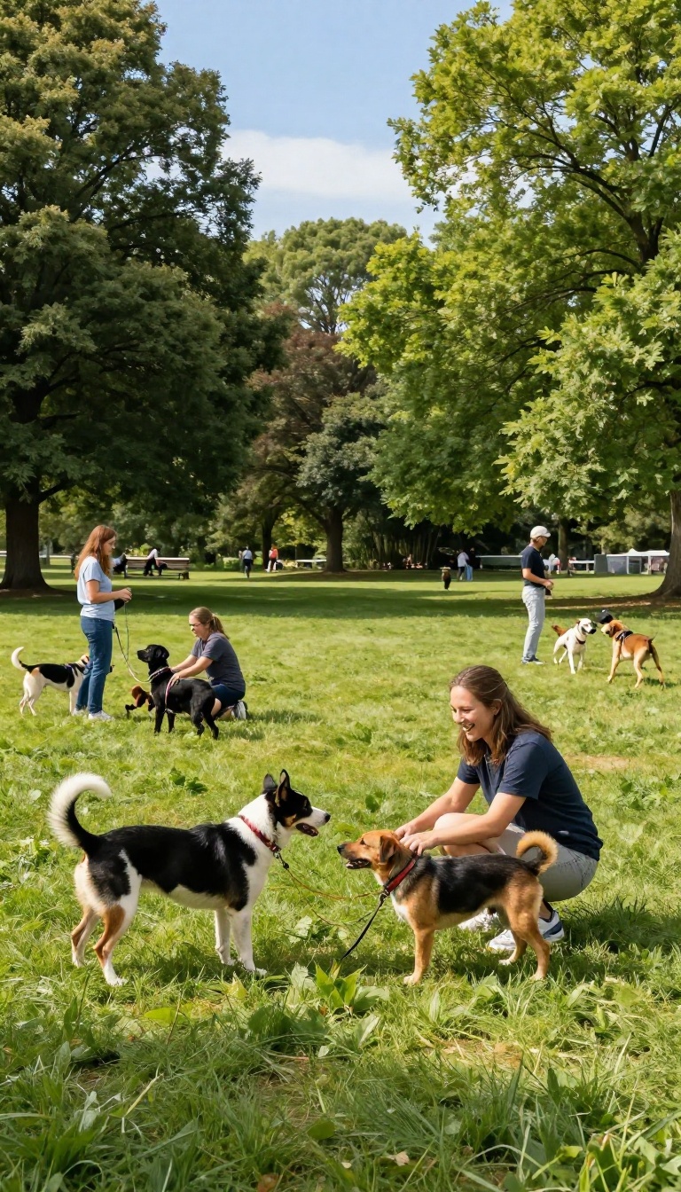 Dog owner welcoming a newcomer at a sunny dog park, with dogs greeting each other and other owners in the background.
