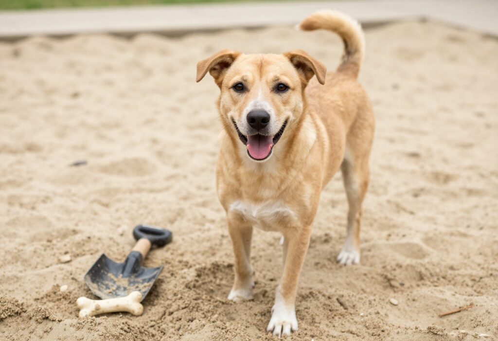 Dog happily digging in a designated sandbox in the backyard