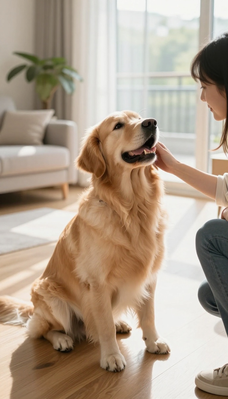 Large dog sitting calmly on the floor while a person rewards it with a gentle pat, illustrating the four-on-the-floor rule for preventing jumping.