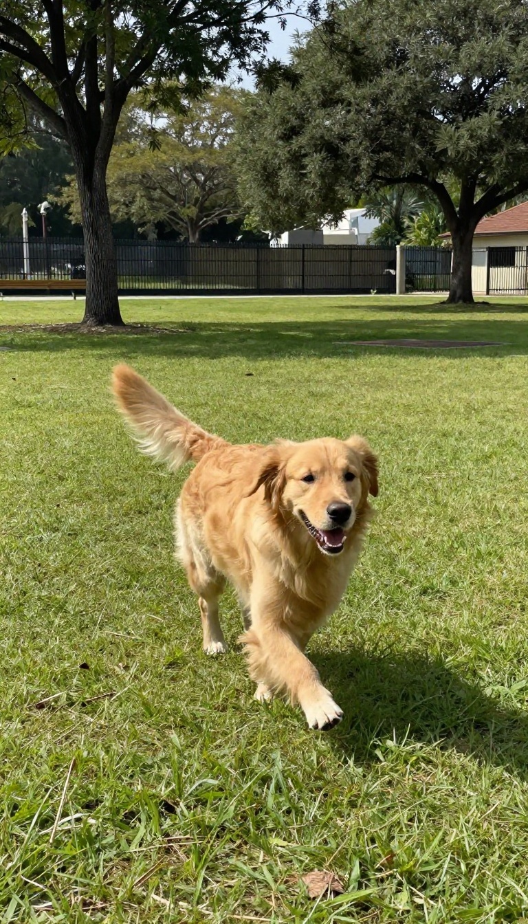 A happy golden retriever running freely in a sunny dog park with no toys or treats in sight.