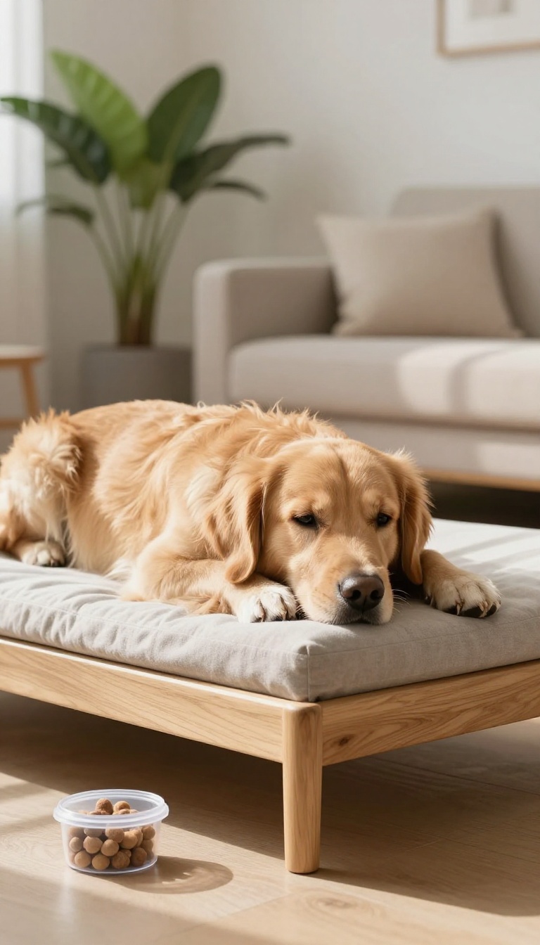 A dog calmly lying on a bed in a bright living room with a clicker and treats nearby.