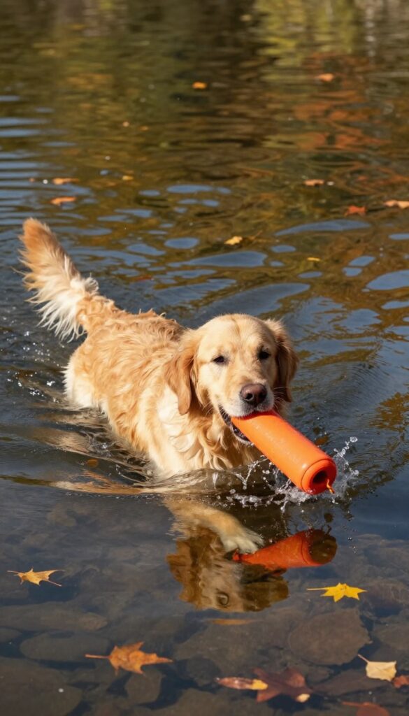 Golden retriever swimming in a calm lake with an orange toy during autumn, illustrating a water retrieval training activity.