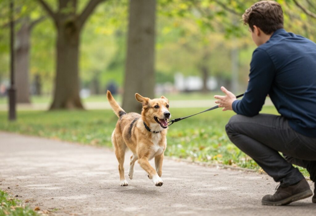 Dog running to owner in park during recall training