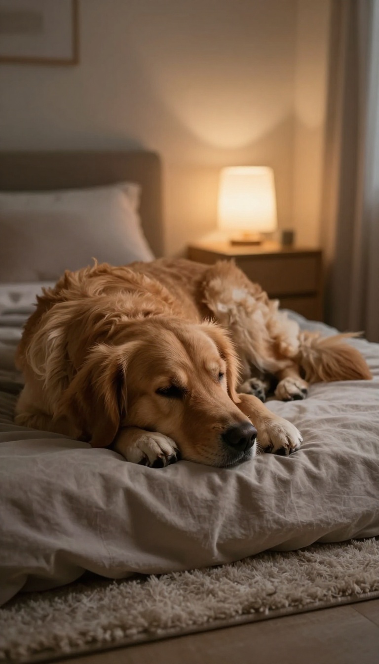 A calm dog resting peacefully on a blanket in a cozy bedroom at night, symbolizing comfort and health.