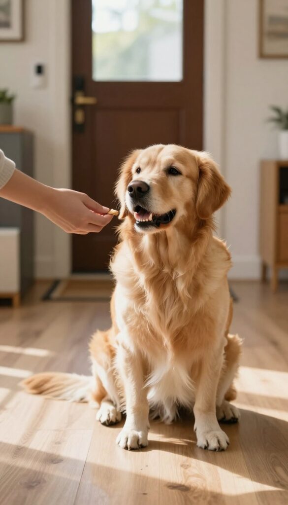 A calm golden retriever sitting by the door, receiving a treat, with a doorbell in the background.