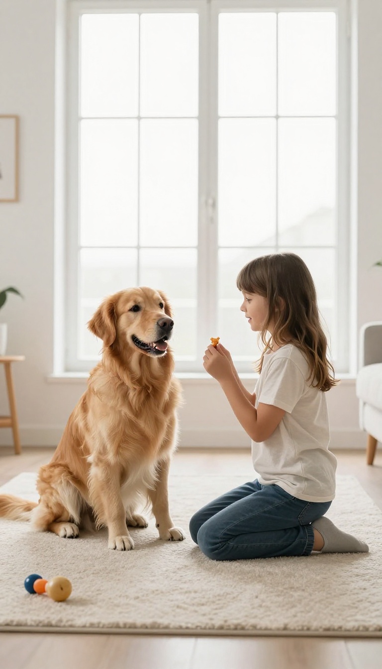 Child and dog playing the Name Game in a sunlit living room