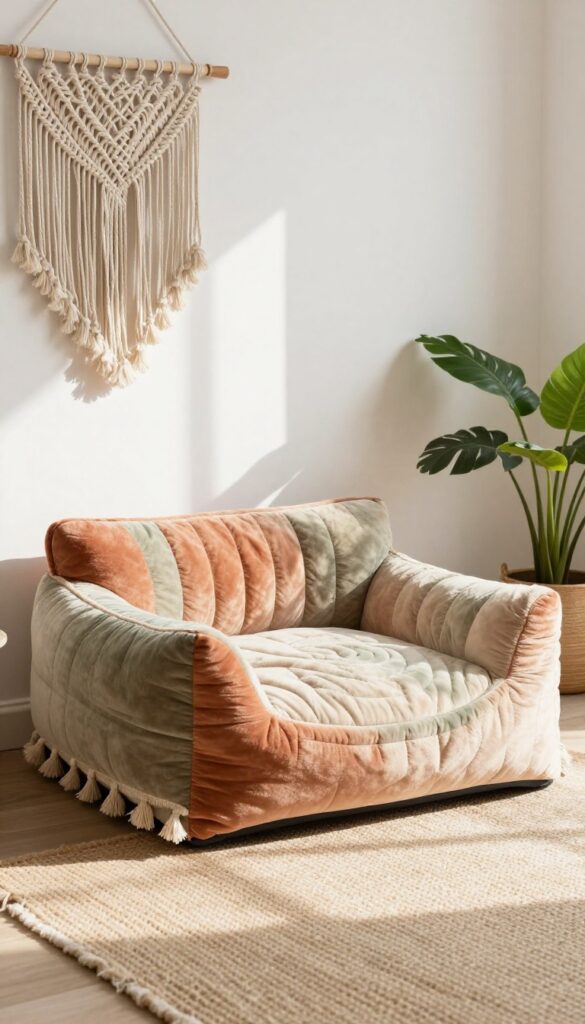 Boho-chic quilted dog bed with earthy tones and textured quilting in a bright living room