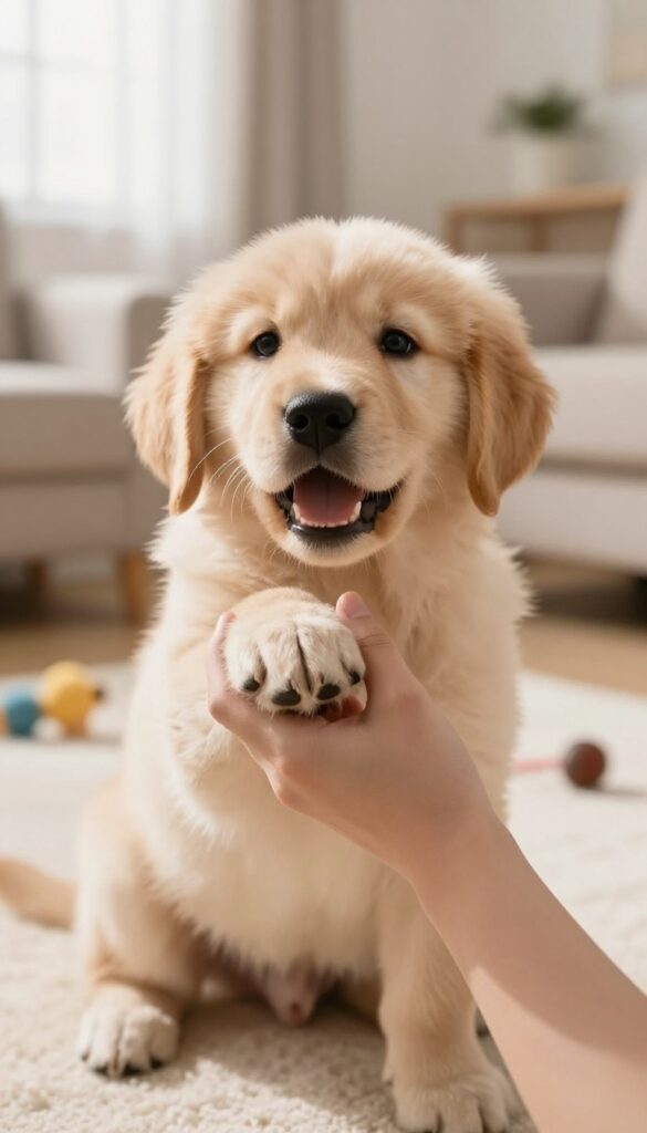 Person gently stopping a golden retriever puppy from biting during playful training in a bright living room
