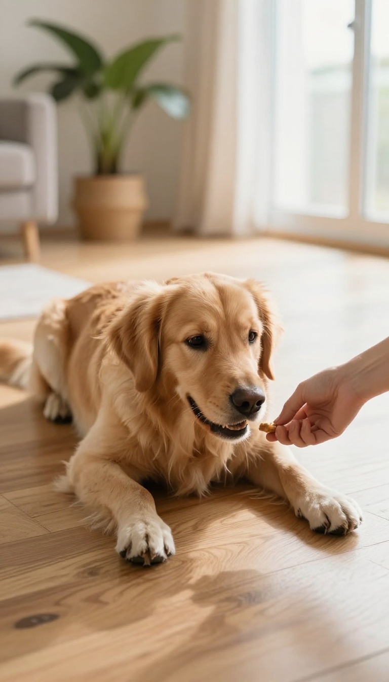 Dog crawling low on the floor during training in a bright living room