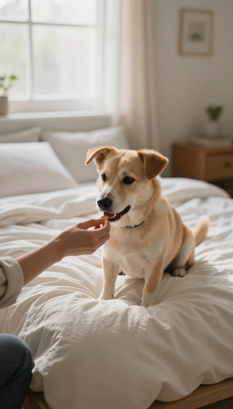 Calm dog on bed receiving a treat during positive reinforcement training at dusk