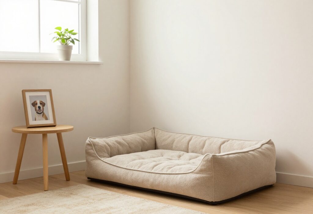 Cozy dog bed area in a modern living room corner with a plush bed, rug, and plant