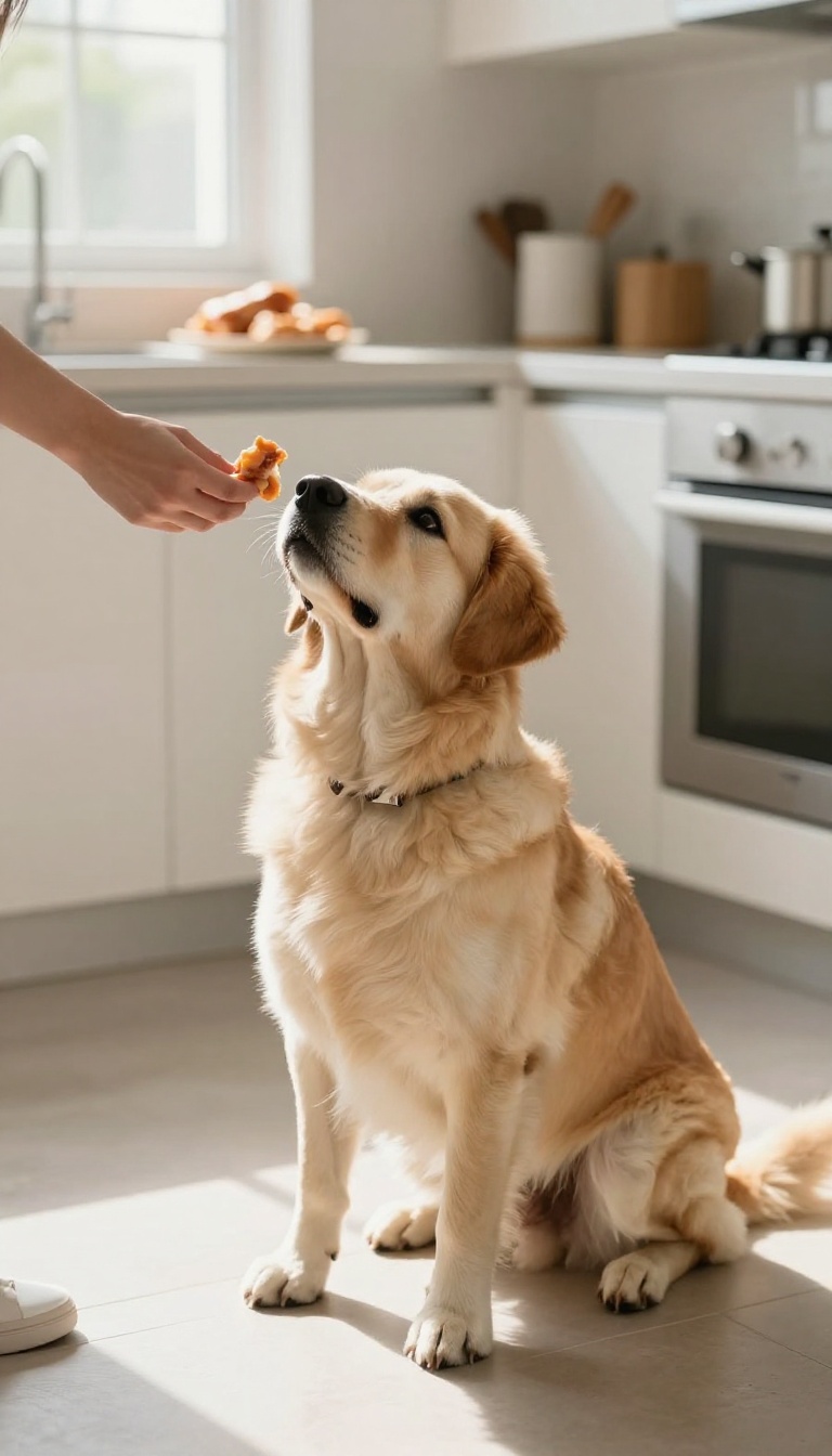 Dog keeping four paws on the floor during positive reinforcement training in a bright kitchen