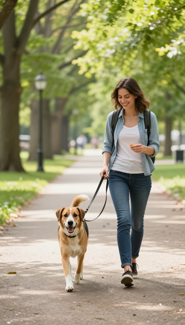 Person rewarding dog with treat for walking calmly on a loose leash in a sunny park