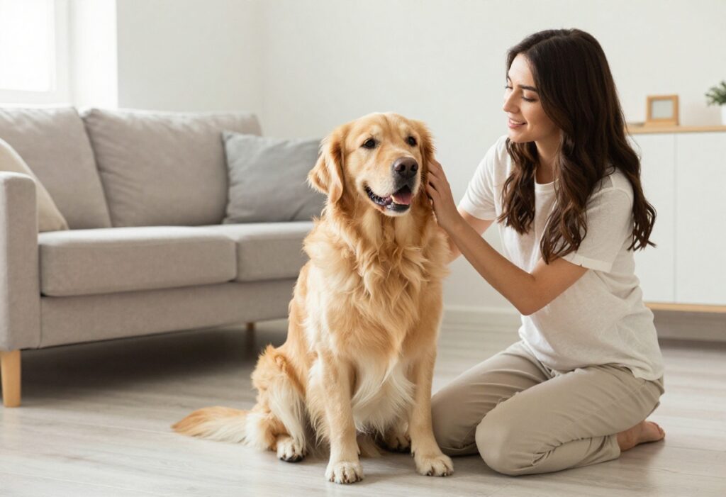 Large dog sitting calmly next to owner in living room