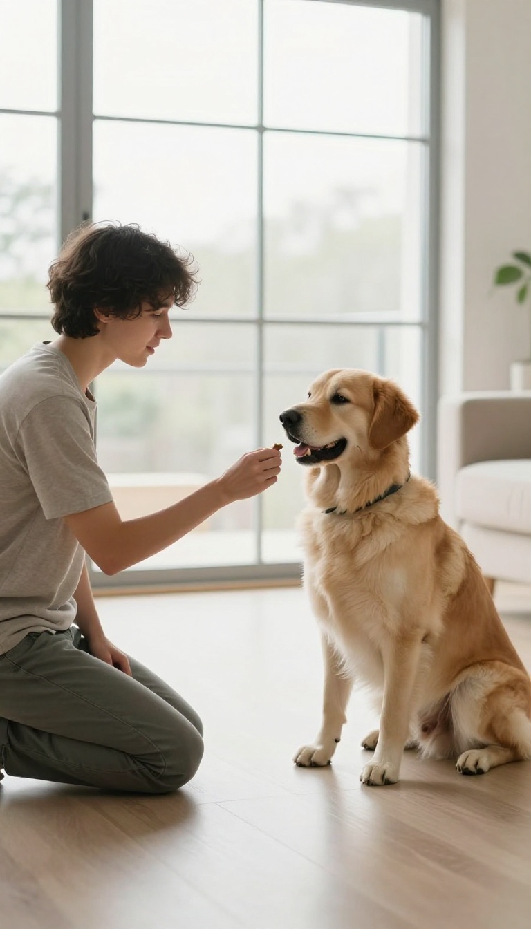 A person rewarding a calm dog with a treat for keeping all four paws on the floor during a training session.