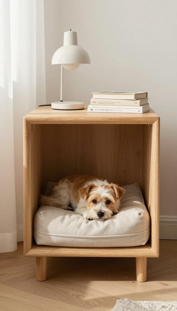 Storage cube end table with fabric bin dog bed in a bright living room