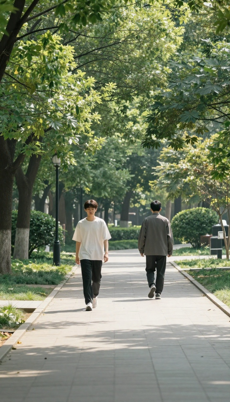 Person yielding to a slower walker on a sunny park path