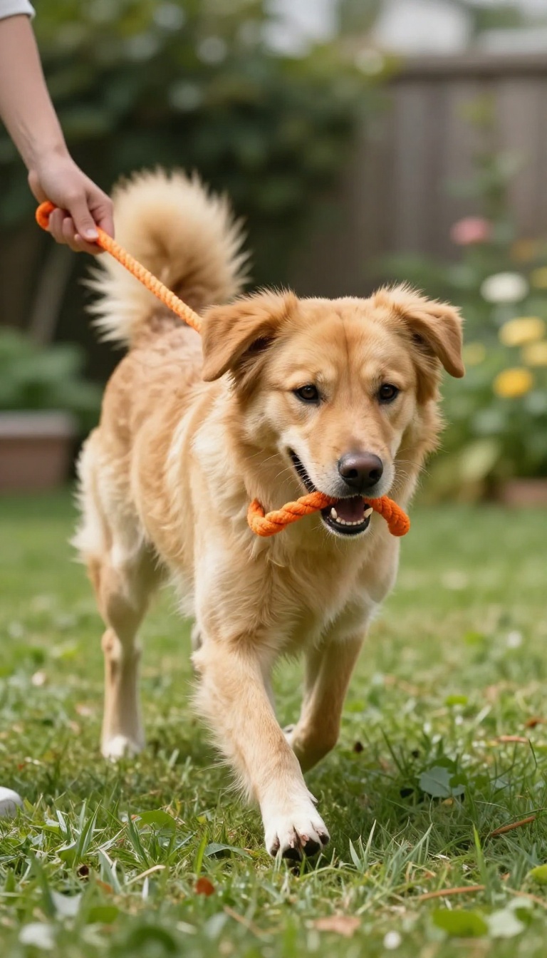 A dog engaging in a tug game with a person in a backyard, demonstrating the Recall Tug Game for dog training