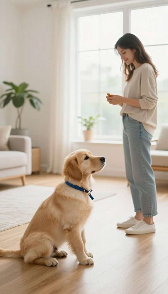 Golden retriever puppy sitting in a bright living room during a sit-stay training session