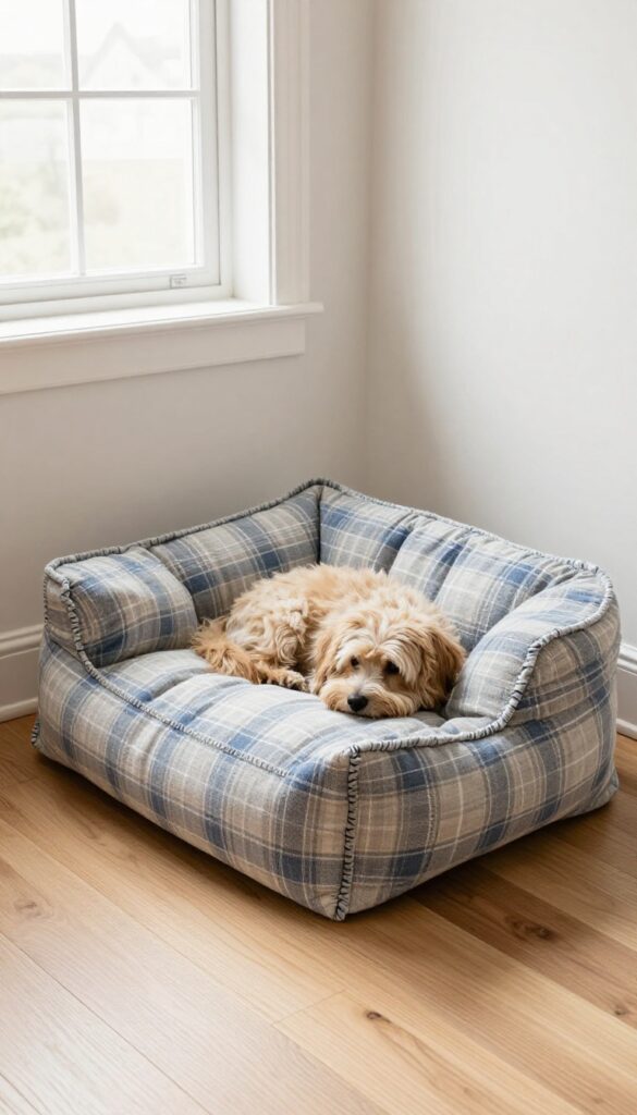 Homemade bolster dog bed made from an old comforter, with a dog resting inside.