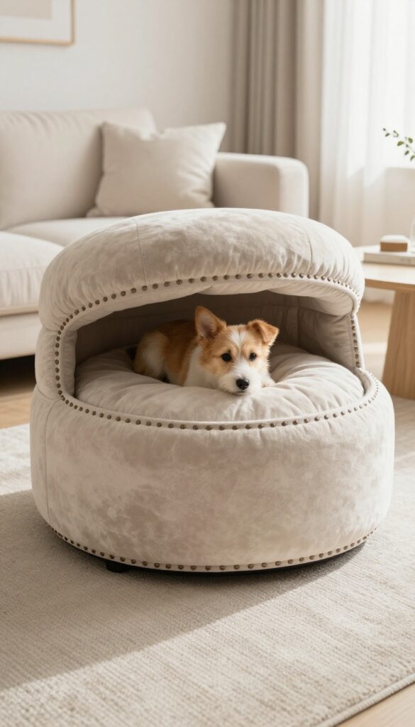 DIY upholstered ottoman dog bed with open top showing a dog resting inside, in a bright living room.