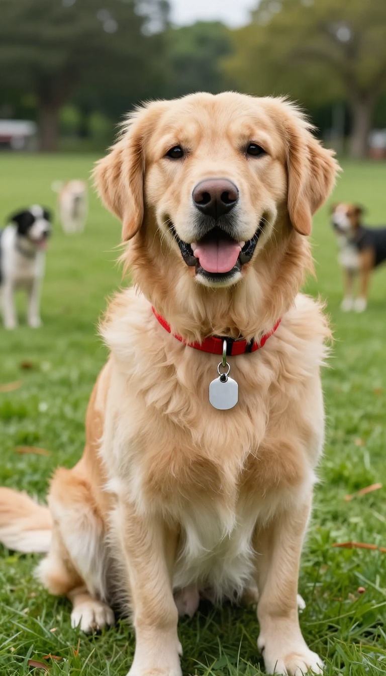 A happy golden retriever with a red collar and ID tag at a sunny dog park.