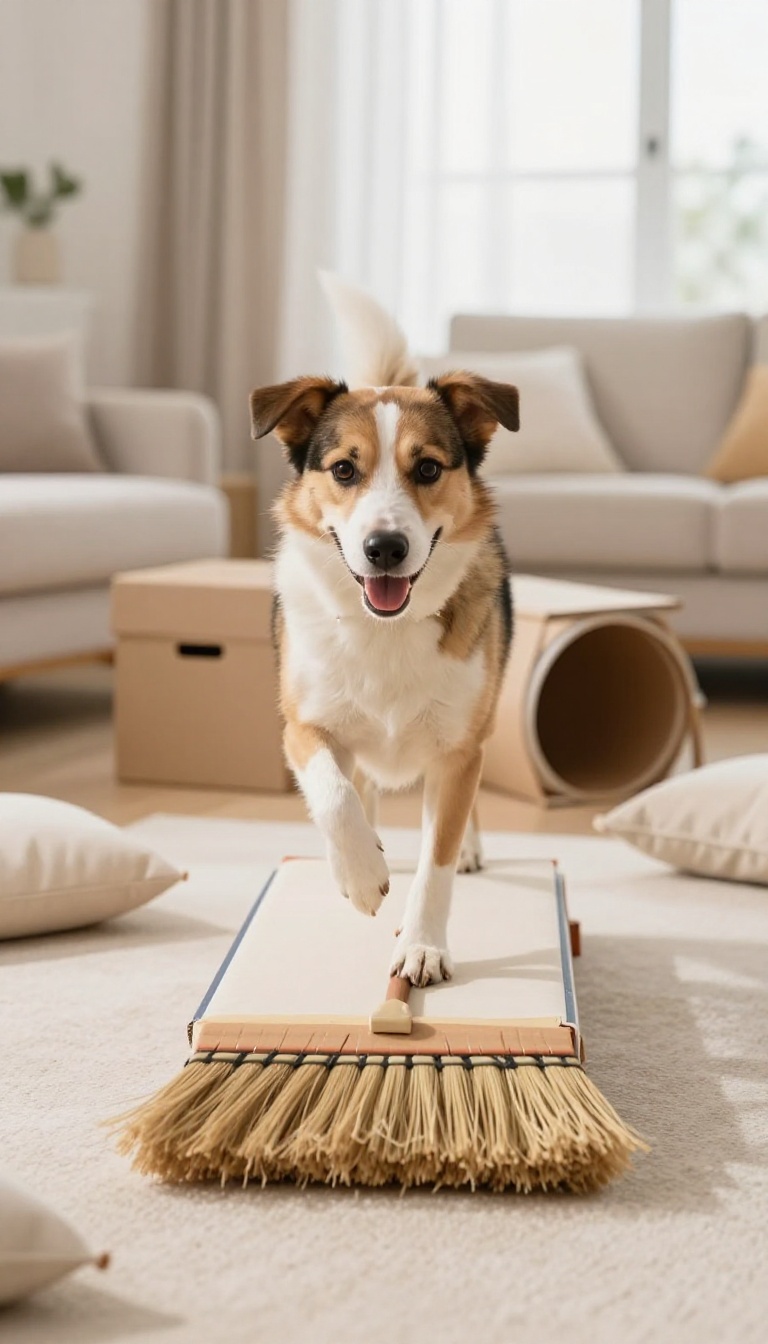 Dog jumping over a broomstick obstacle in a sunlit living room with cushions and a box tunnel