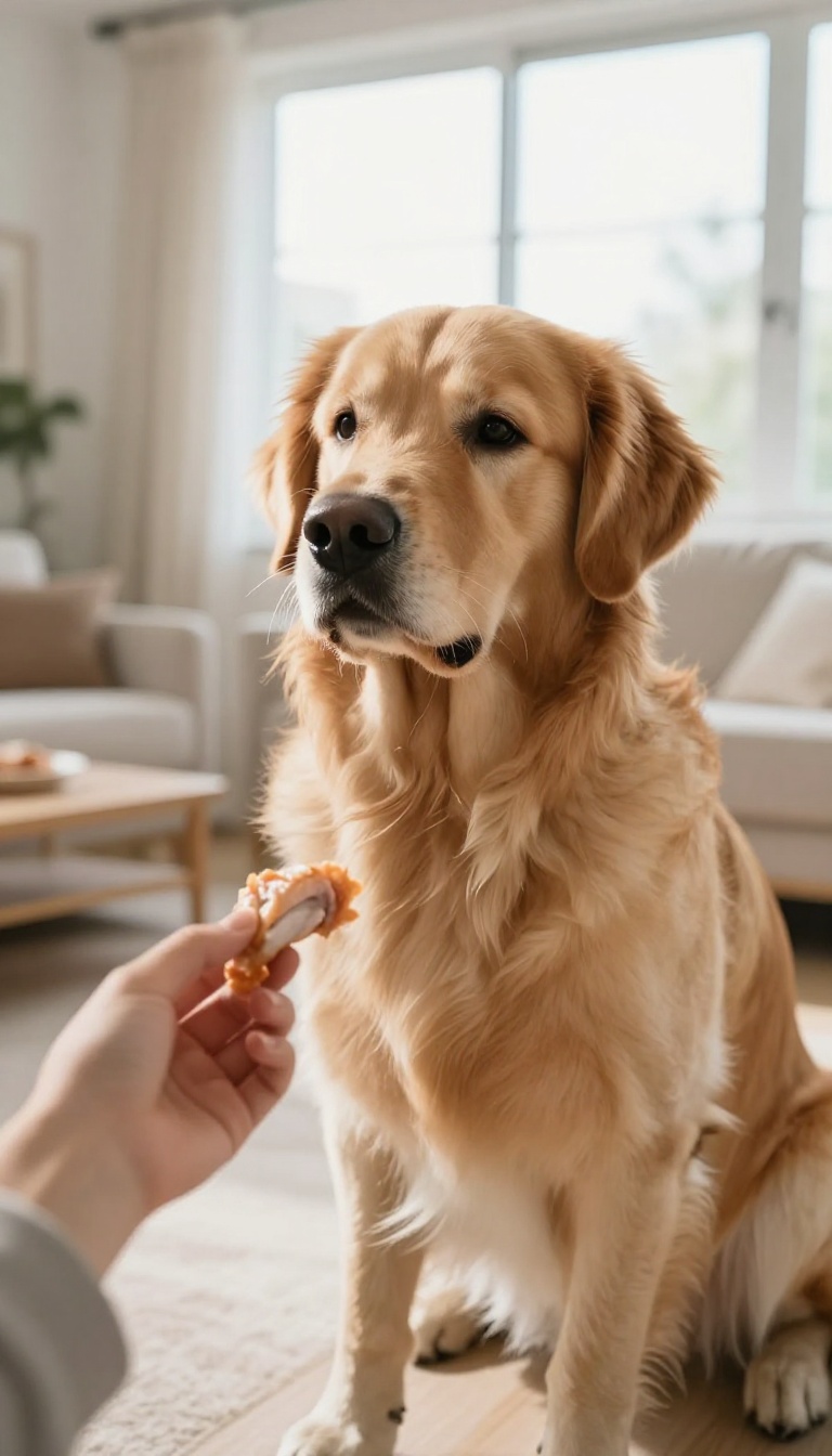 Large dog sitting attentively in a bright living room, looking at a treat held by a person, illustrating recall training with high-value rewards.