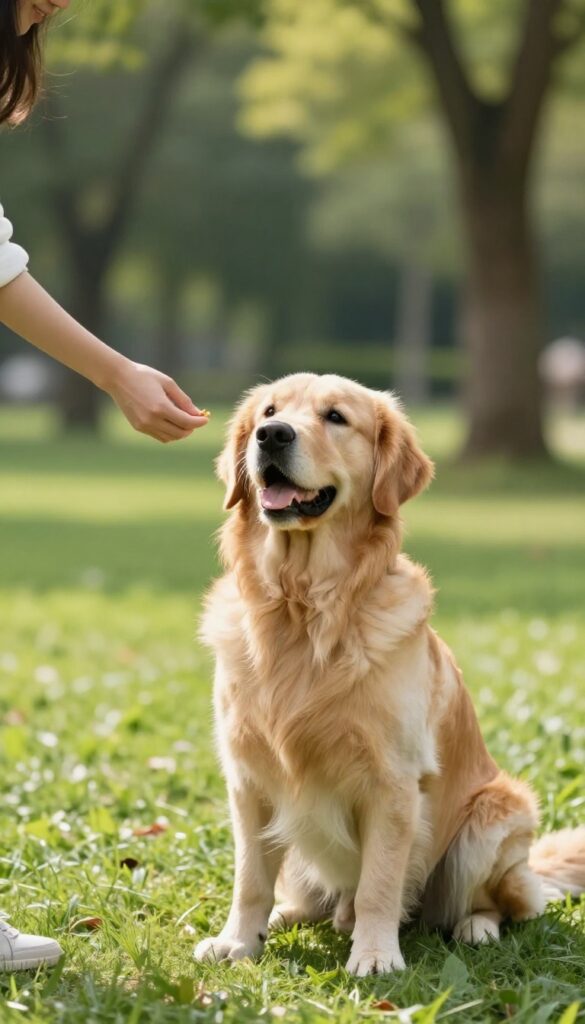 A dog looking at its owner in a park during a training game, with a treat in hand.