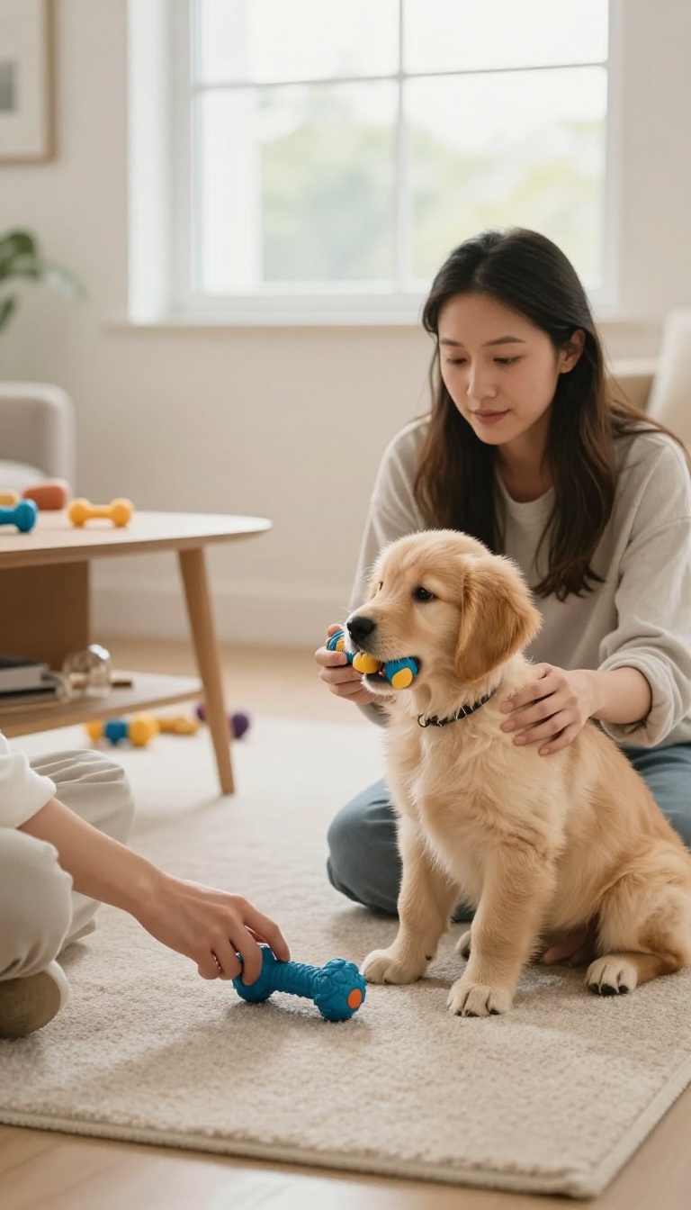 Dog owner redirecting puppy from shoe to chew toy in bright living room