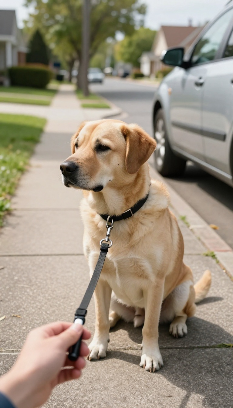 Dog sitting calmly on a sidewalk with a clicker in hand, while a car is visible in the distance