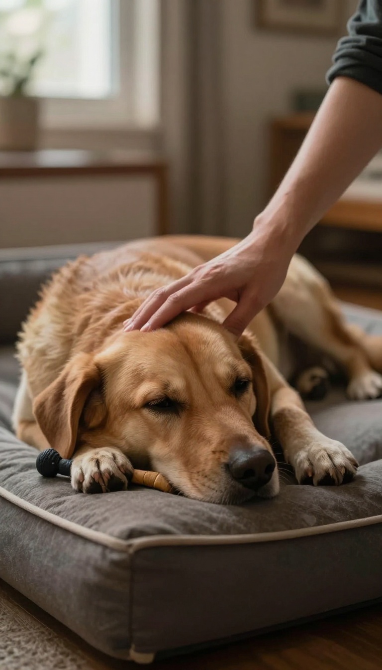 A calm dog relaxing on a bed during a soothing evening wind-down ritual, with a gentle hand petting it.