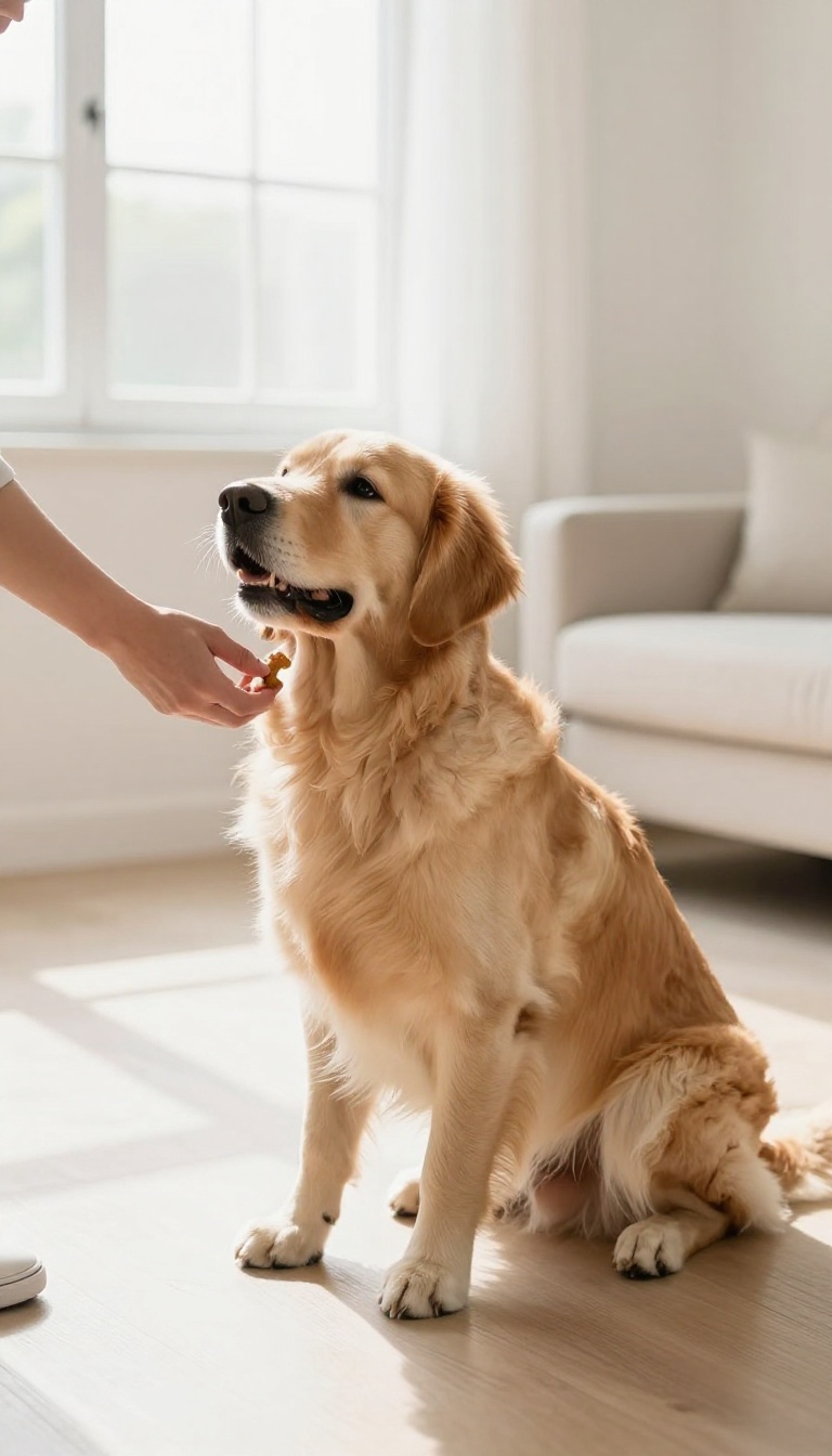 Dog owner gently guiding a dog into a sit position with a treat, demonstrating a single cue training technique.
