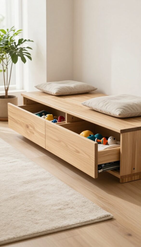 Modern wooden platform dog bed with storage drawers in a bright living room
