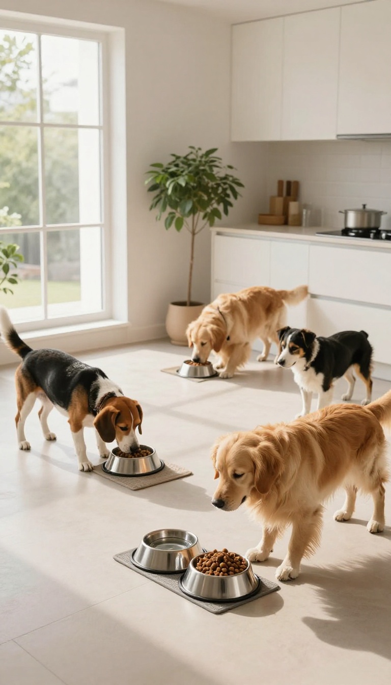 Two dogs eating calmly in separate feeding zones in a bright kitchen.