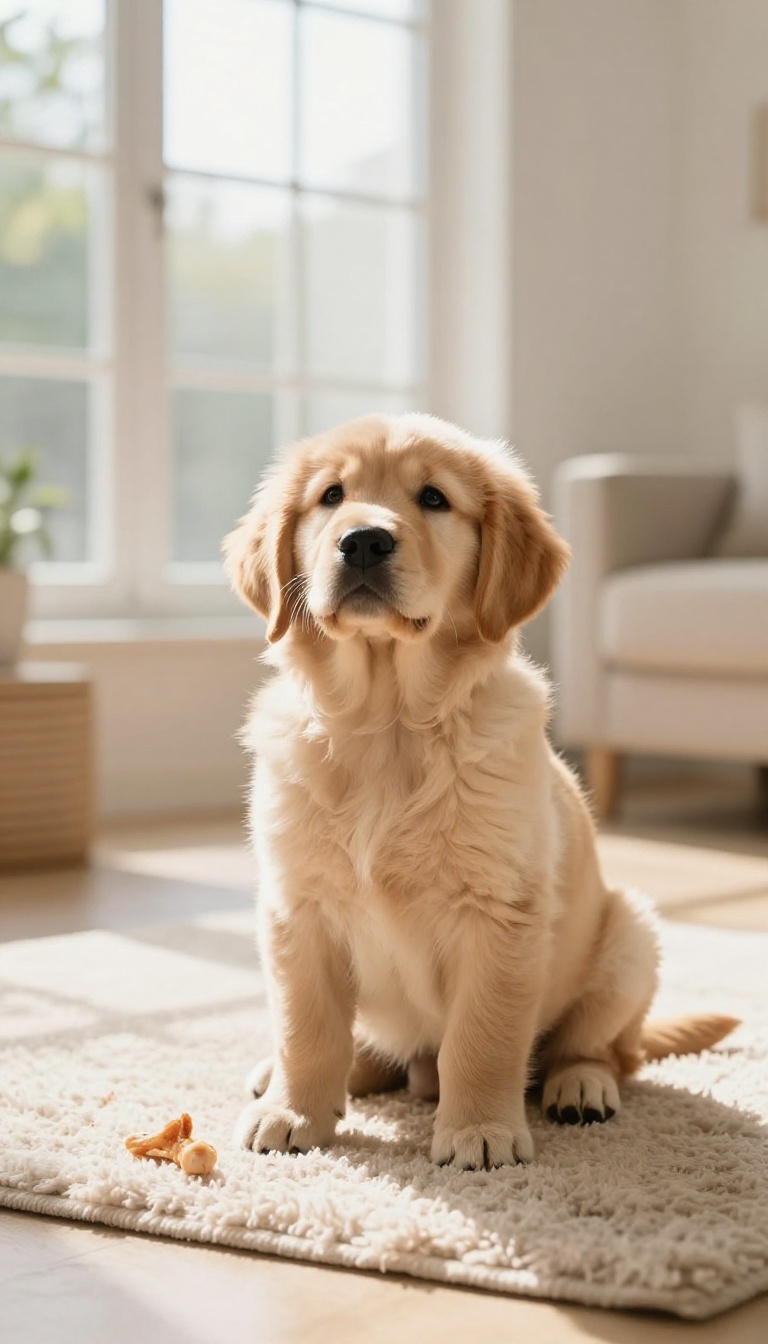 A calm puppy sitting on a rug in a sunlit room with a treat nearby, symbolizing positive reinforcement and celebrating small wins in dog training.