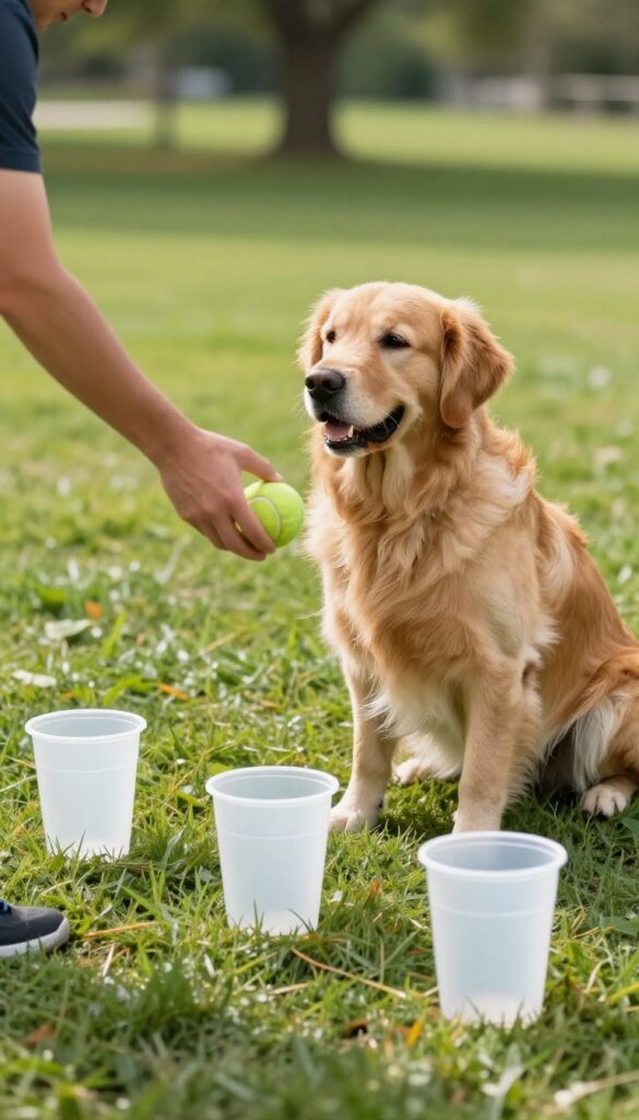 Dog watching a trainer hide a treat under a cup in the shell game