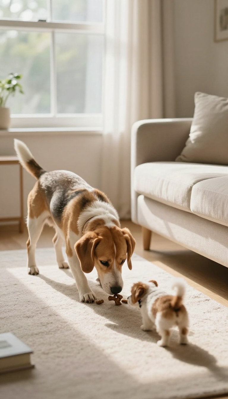 Dog sniffing treats hidden in a living room during a scent training game